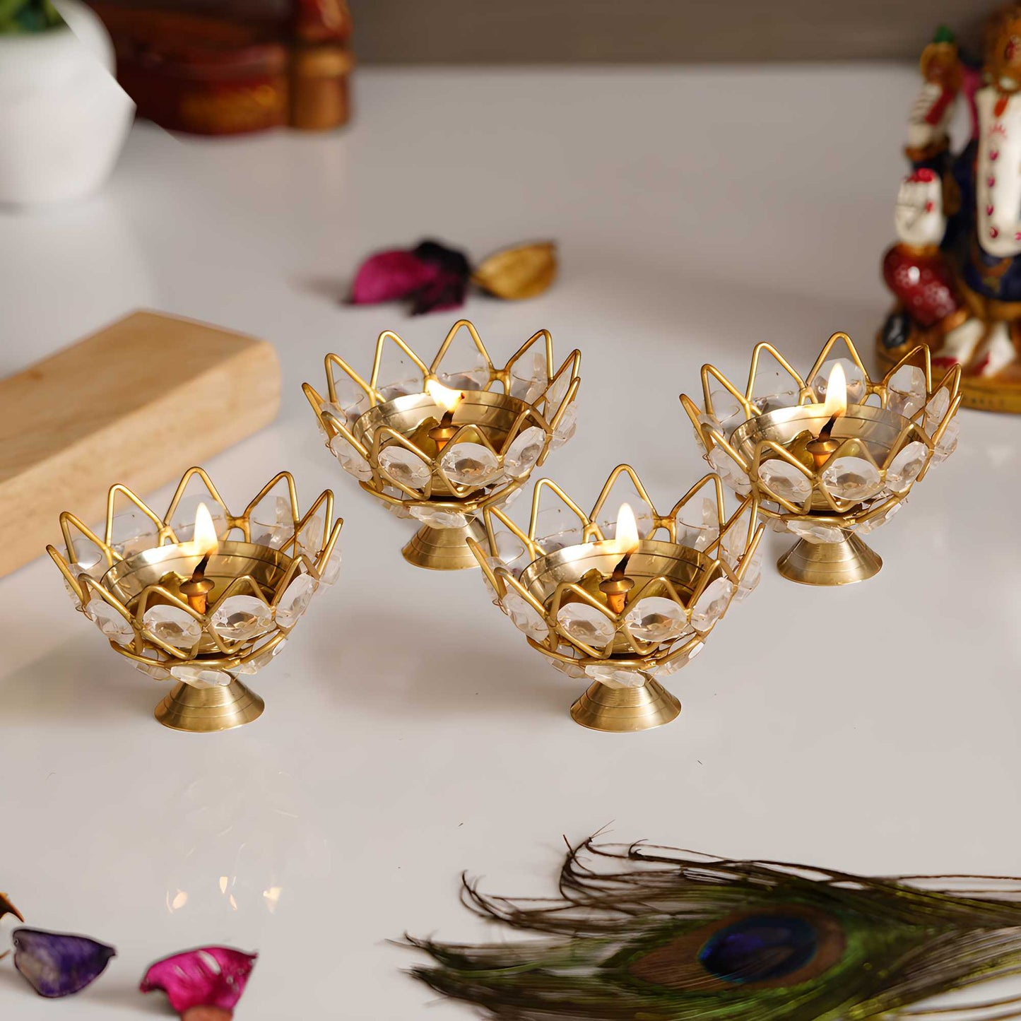 RadiantGlow™ Lotus Crystal Tea Light Holders – Set of 4